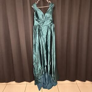 Teal satin look formal gown with